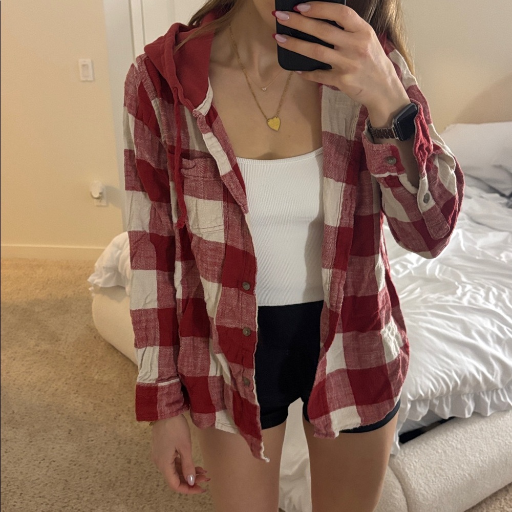 Time and Tru Red and White Checkered plaid flannel with hood hooded button down